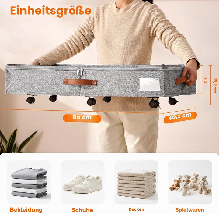 2er-Set Rollbare Aufbewahrungsbox unter dem Bett, 15 cm Höhe (6 Zoll) mit klarem Deckel - Graue Bett