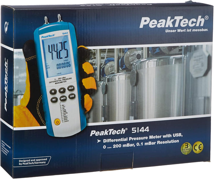 PeakTech 5144 – Digitales Manometermit Messbereich bis max. 200 mBar, Differenzdruck-Messgerät mit U