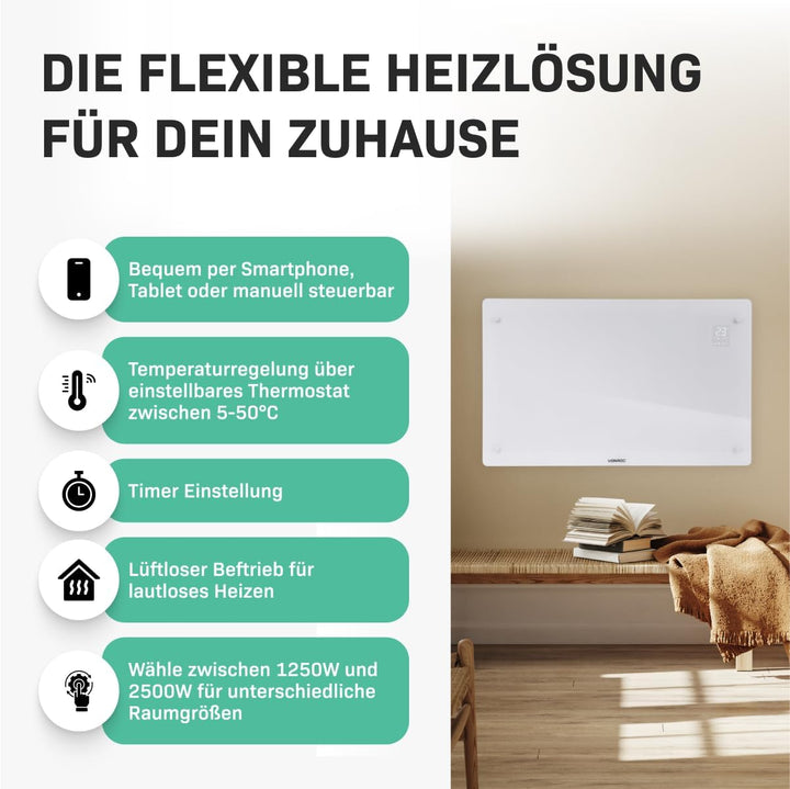 VONROC Elektroheizung energiesparend 2500W - Konvektor Heizung [30qm Räume] - Mobile Elektrische Hei