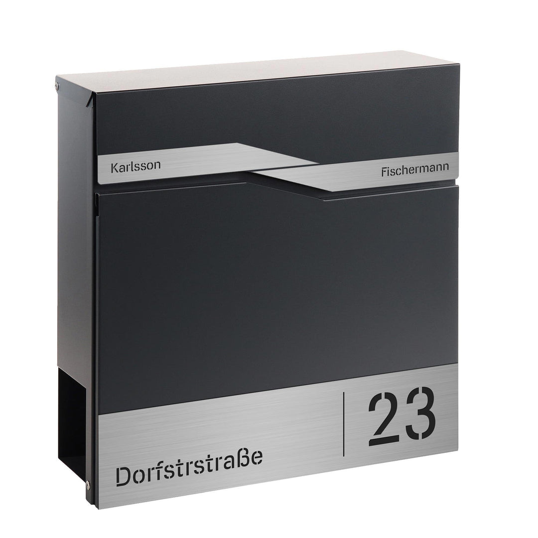 FORGARD Briefkasten Model Trelleborg Anthrazit (RAL 7016) mit Strasse, Hausnummer und 2 Namen, Zeitu
