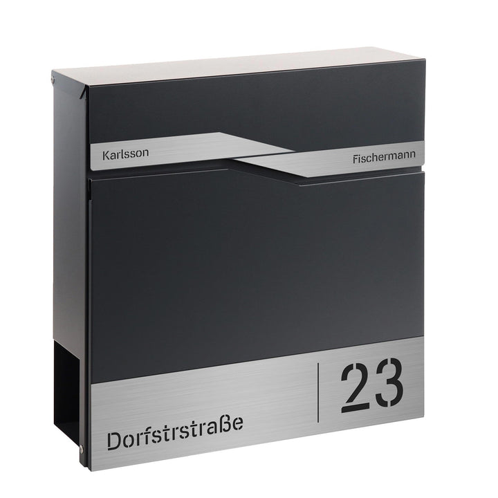 FORGARD Briefkasten Model Trelleborg Anthrazit (RAL 7016) mit Strasse, Hausnummer und 2 Namen, Zeitu