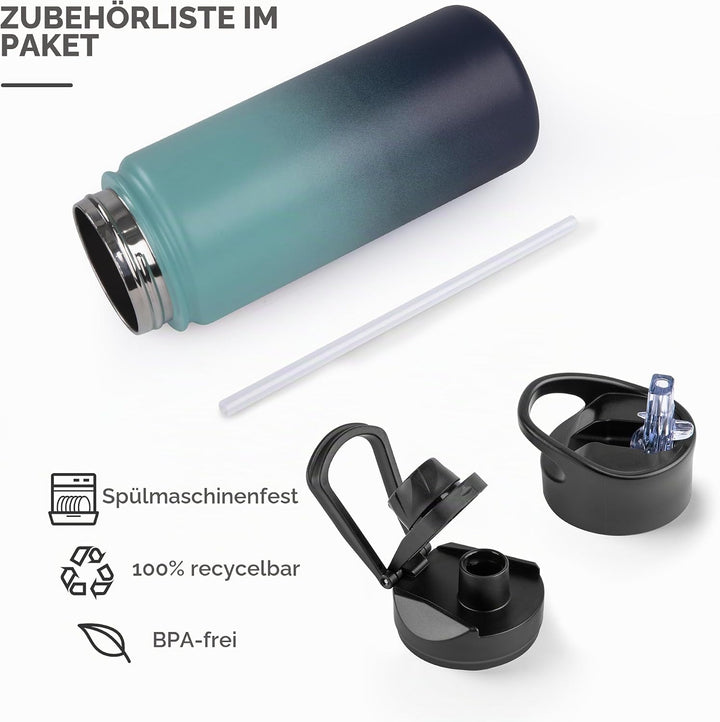 Edelstahl Trinkflasche - 500ml - mit Strohhalm,Auslaufsicher,Kohlensäure Geeignet,BPA frei Thermosfl