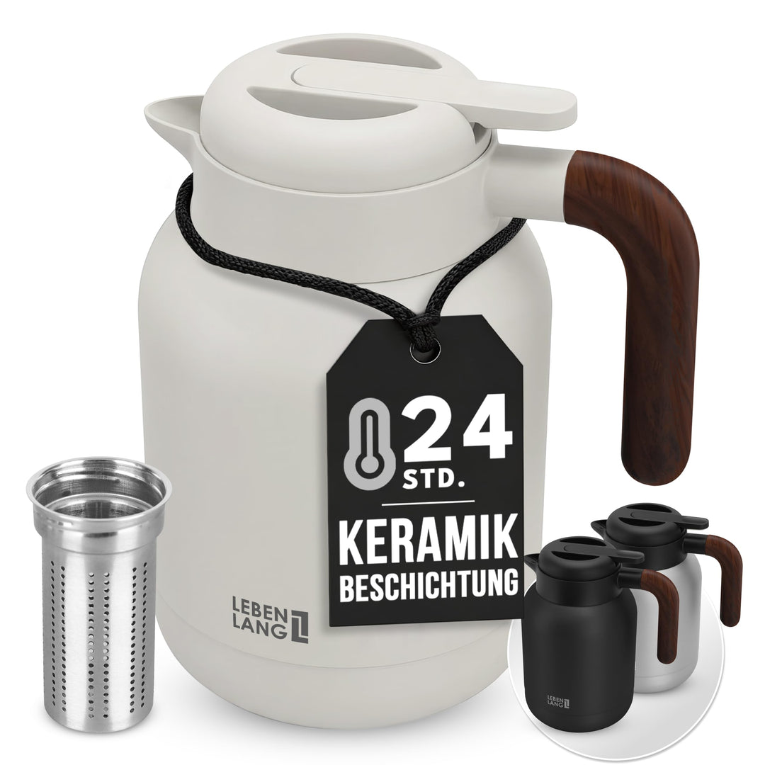 LEBENLANG Thermoskanne 1,5L Keramikbeschichtung - Inkl. Teesieb I 24h Heiss I Kaffeekanne Kaffee &amp; T
