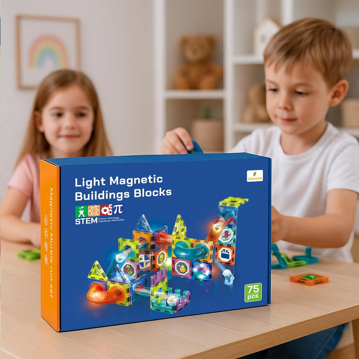 CELMAN Magnetspiel 75 Teile - Magnetbausteine Kinder mit Kugelbahn &amp; LED Licht - Magnetische Murmelb