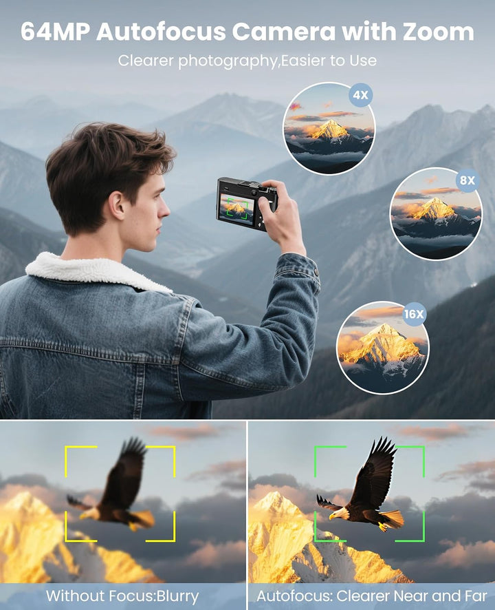 4K 64MP Digitalkamera mit Dual‑Bildschirm für Selfies, Kompaktkamera mit 32GB Karte 2 Batterien für