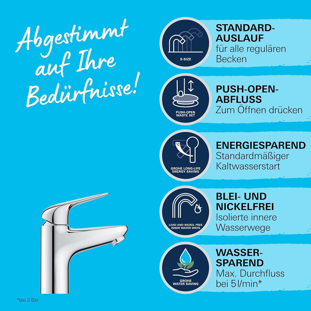 GROHE Swift - Waschtischarmatur (wassersparend, ~16cm hoch, Mittelstellung kalt, inkl. Montagewerkze