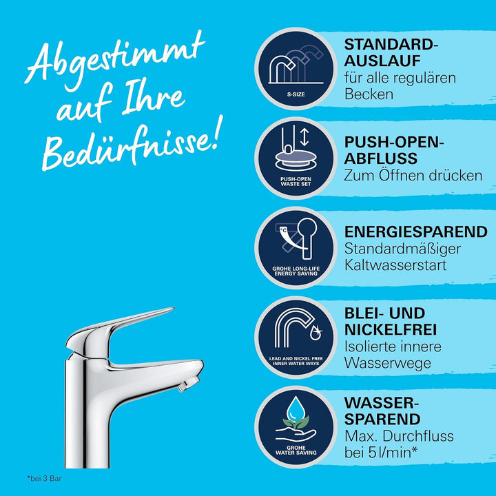 GROHE Swift - Waschtischarmatur (wassersparend, ~16cm hoch, Mittelstellung kalt, inkl. Montagewerkze