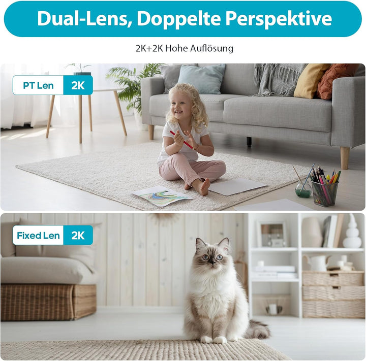 Dahua Dual-Lens Pan Tilt Innenkamera 3+3MP, 2.4/5GHz WLAN, KI Personen-/Tiererkennung, Farbnachtsich
