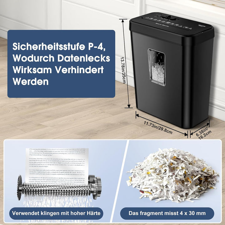 Aktenvernichter, 6-Blatt Kreuzschnitt Papierschredder mit P-4 Geheimhaltungsstufe, 13L Papierkorb mi
