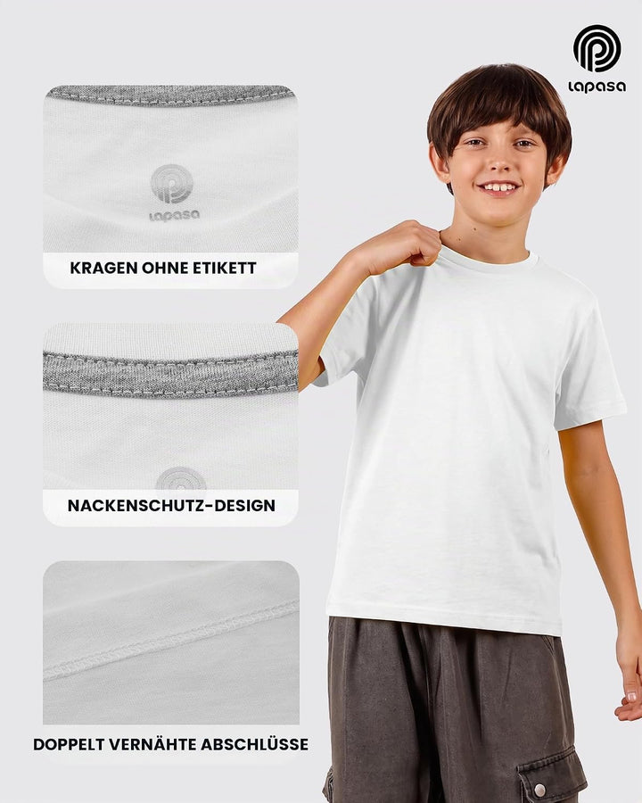 LAPASA Kinder T Shirt 100% Baumwolle 4er Pack Unisex 3-13 Jahre/ 95-165 Jungen Jungs Sport Tshirt K0