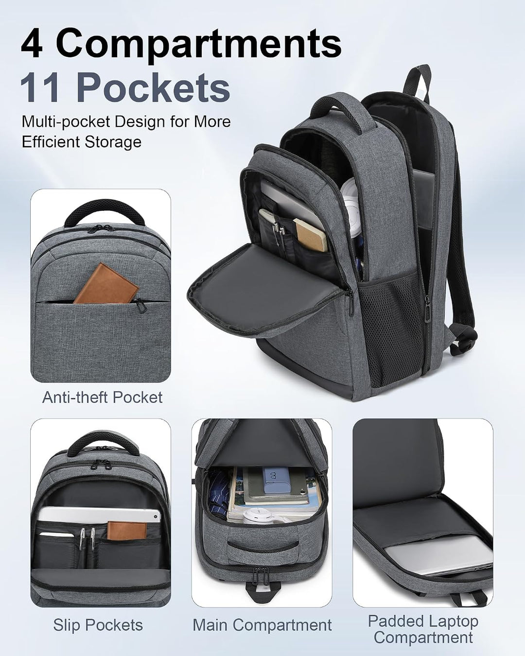 Laptop Rucksack 15,6 Zoll für Herren und Damen, Leichter Business Rucksack Grau, Grau