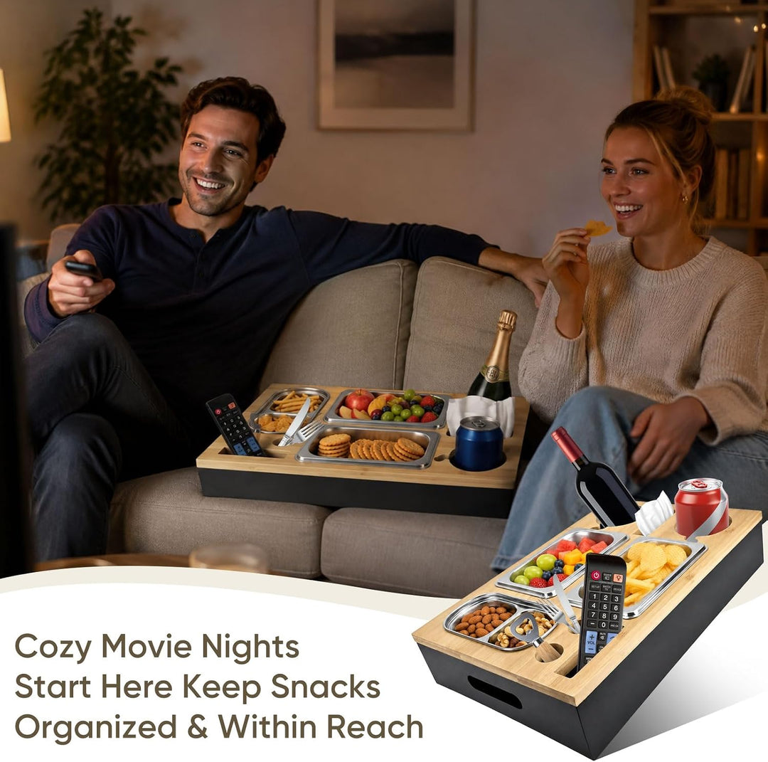 Couchbar Snackbox, Holztablett mit Getränkehalter und 3 Snackschalen