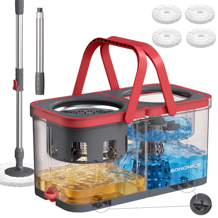 SONGMICS Wischmopp mit Eimer, Bodenwischer mit Schmutzwasser-Trennung und Rollen, Teleskopstiel, 4 M