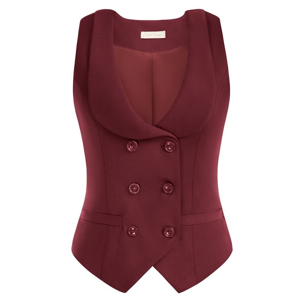 Belle Poque Damen Weste mit Gebogenes Revers V-Ausschnitt Karierte Weste mit Zwei Taschen Geometrisc