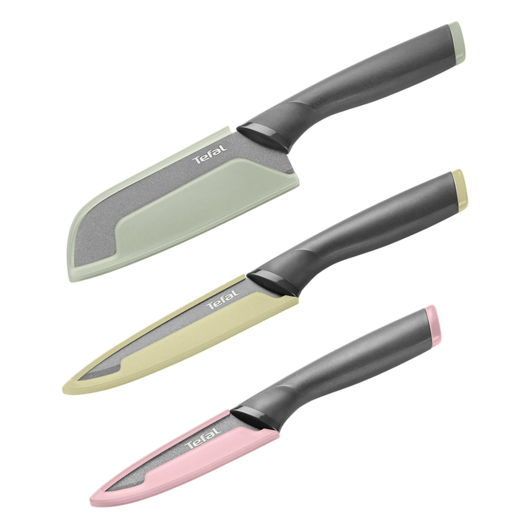Tefal Slicy 3-tlg. Messer-Set, Soft Touch Griff, Schwarz/Pastellfarben Santokumesser + Universalmess
