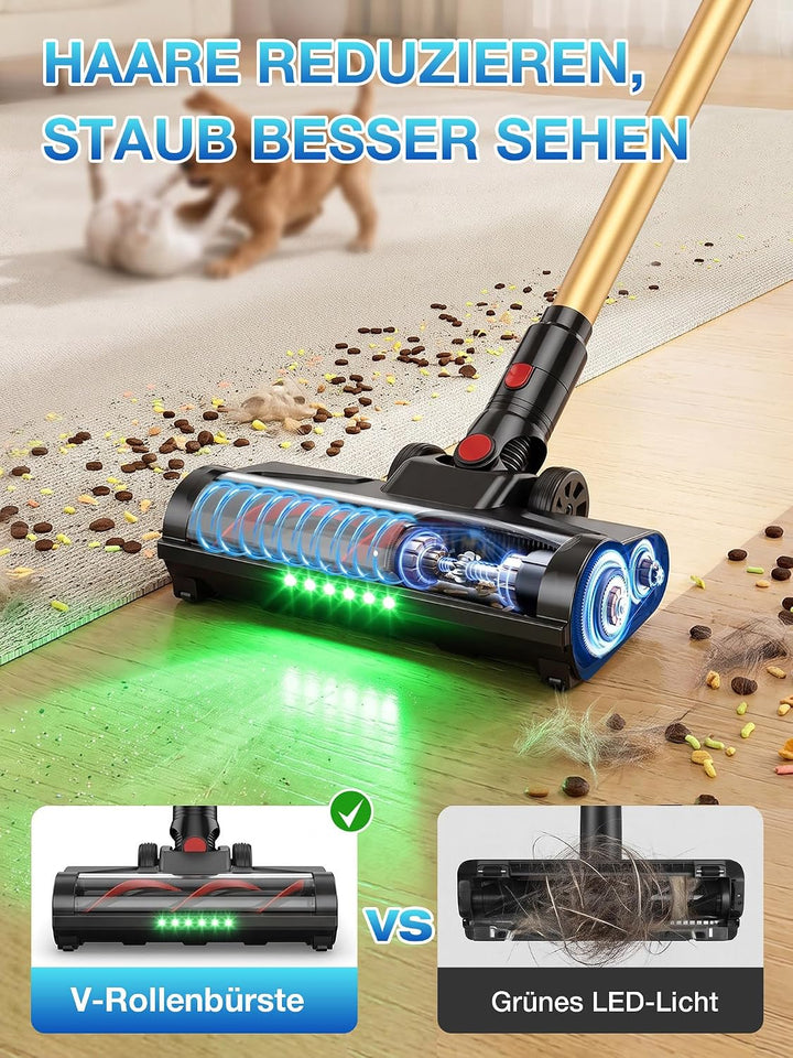 Akku Staubsauger Kabellos 650W 50KPA mit V-Anti-Tangle Bürste