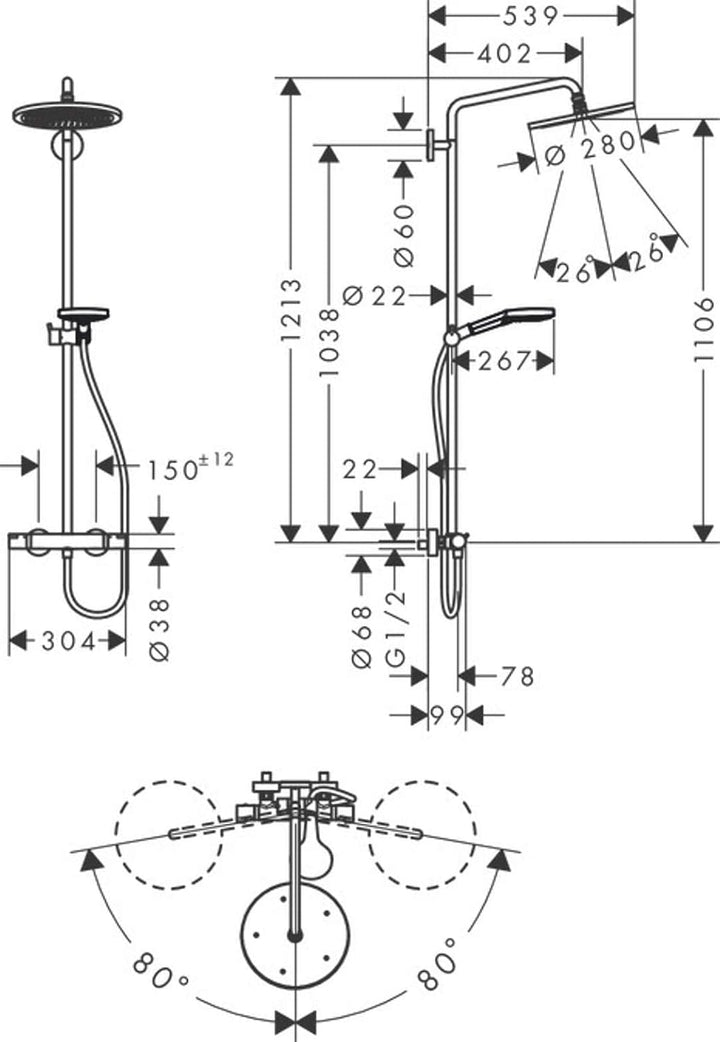 hansgrohe Duschsystem Croma Select S Showerpipe 280 Regendusche (Duschkopf, Duschstange, Thermostat,