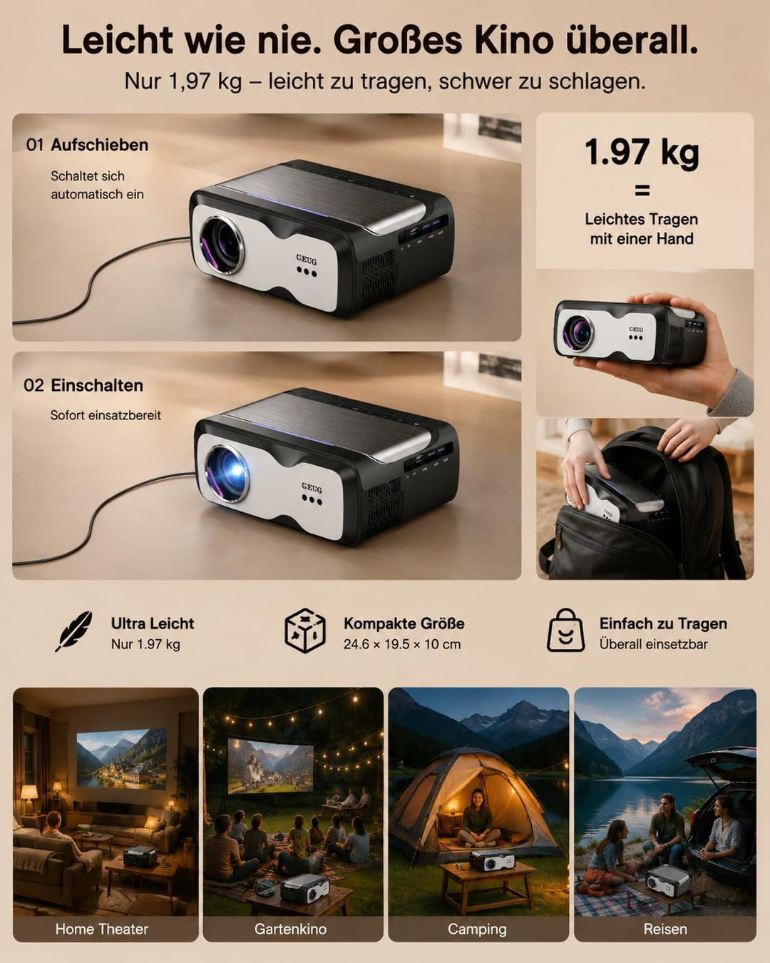 Tragbarer Smart Beamer 1080P mit 4K-Unterstützung, 1800 ANSI, WiFi 6 &amp; Bluetooth 5.4, 35W Dolby Audi