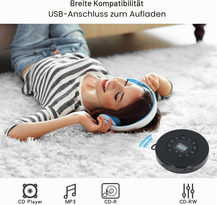 Tragbarer CD-Player mit Lautsprecher, Wiederaufladbarer Anti-Skip-Bluetooth-CD-Player, Integriertes