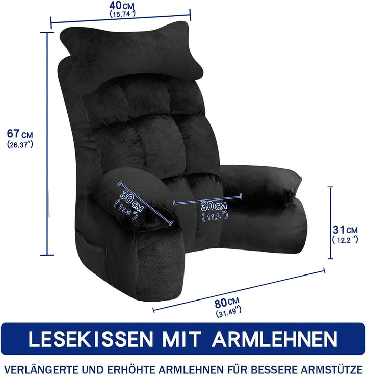 Lesekissen für Bett und Sofa, Rückenkissen mit Rückenlehne zum Lesen Rein Schwarz 67*30cm, Rein Schw