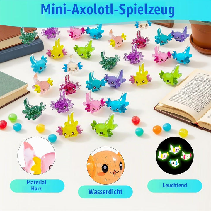 72 Stück Mini Axolotl, Glitzer Mini Figuren, Einfarbig Miniatur Axolotl Figuren, Leuchtende Min Harz