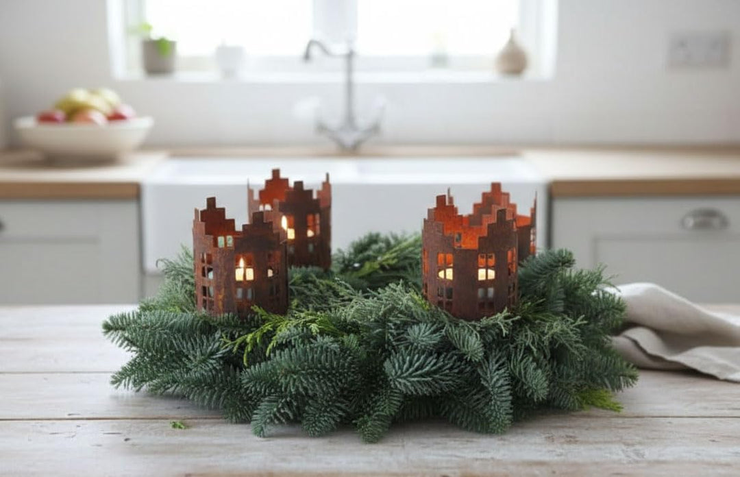 LB H&amp;F 4er Set Adventskranzstecker HÄUSER Deko Kerzenhalter Advent Rost Metall Weihnachten KERZENSTE