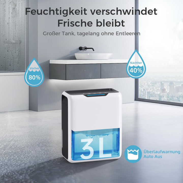 Luftentfeuchter 3000ml, 30dB Leiser für 20㎡ Schlafzimmer, Badezimmer