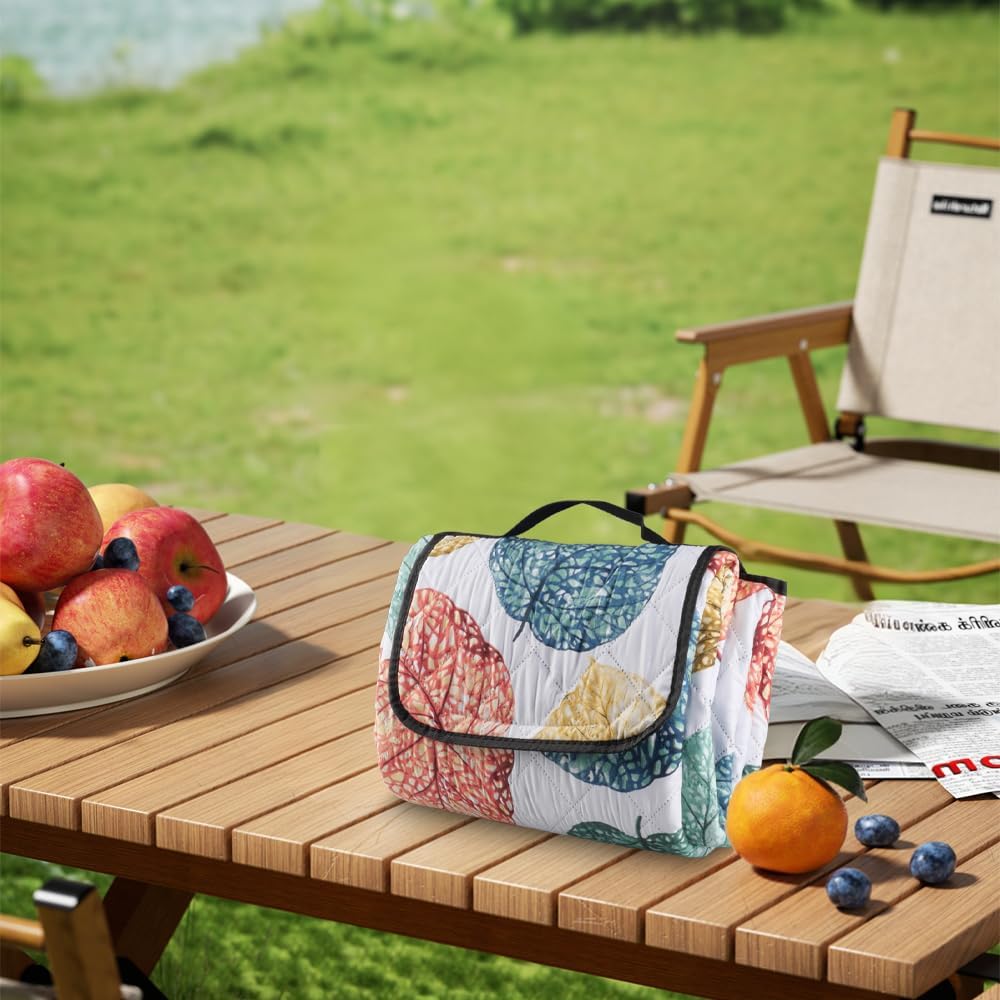 Wasserdicht Picknickdecke Stranddecke mit Mehrfarbig Blättermuster, Faltbar mit Tragegriff, Isoliert