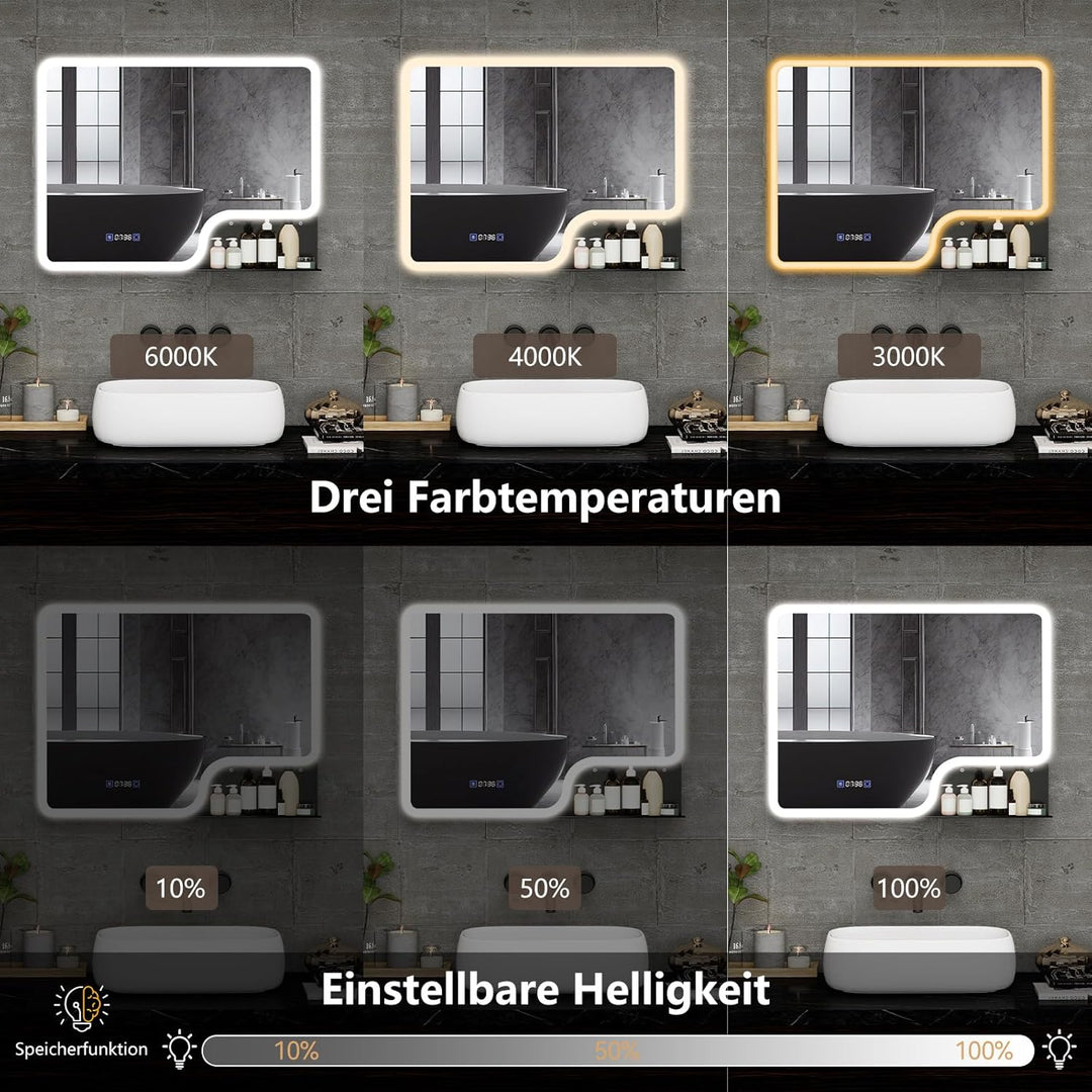 YOURLITE Badspiegel mit Beleuchtung und Ablage 80x60cm, Badezimmerspiegel mit Ablage, LED Badspiegel
