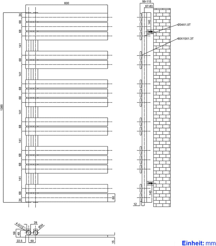 Heilmetz Badheizkörper Anthrazit Handtuchtrockner Heizung 600 x 1385 mm Bad Heizkörper Handtuchheizk
