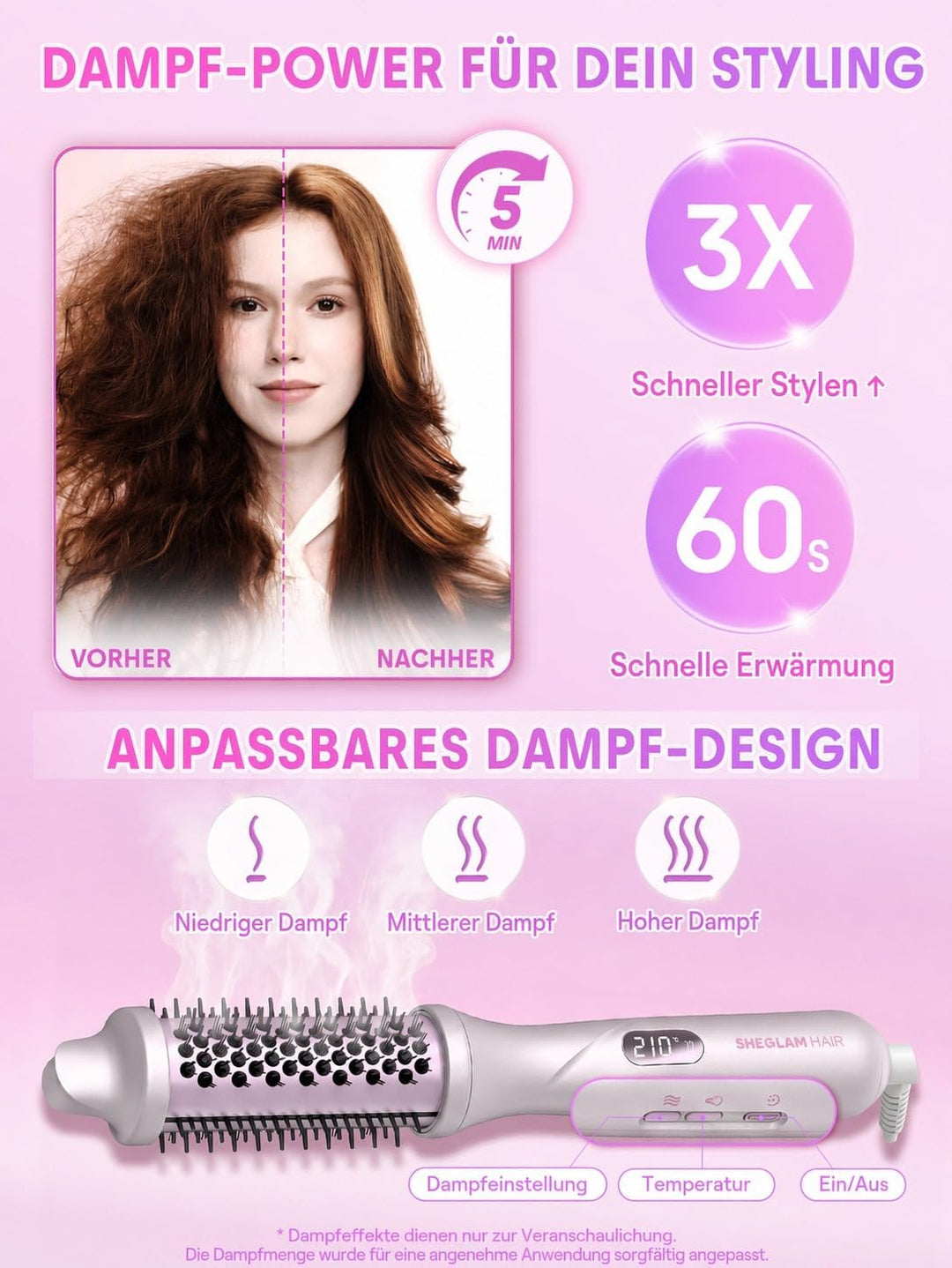 SHEGLAM Dampf-Thermobürste, 4-in-1 Rundbürste 38 mm