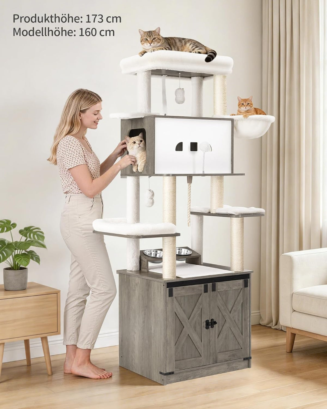 Hzuaneri Kratzbaum, Katzenbaum mit Katzenklo Schrank, Futterstation, 173 cm Hoch, mit Grosser Plattf
