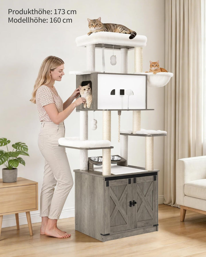 Hzuaneri Kratzbaum, Katzenbaum mit Katzenklo Schrank, Futterstation, 173 cm Hoch, mit Grosser Plattf