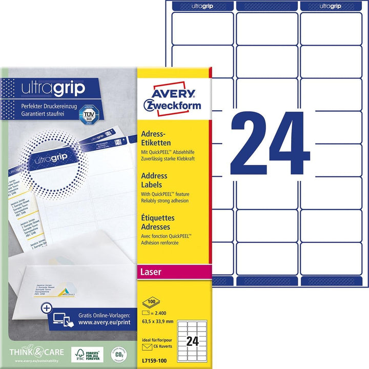 Avery L7159 Adress-Etiketten Laser, weiss Verpackung: 100 Blätter einzeln, Verpackung: 100 Blätter e