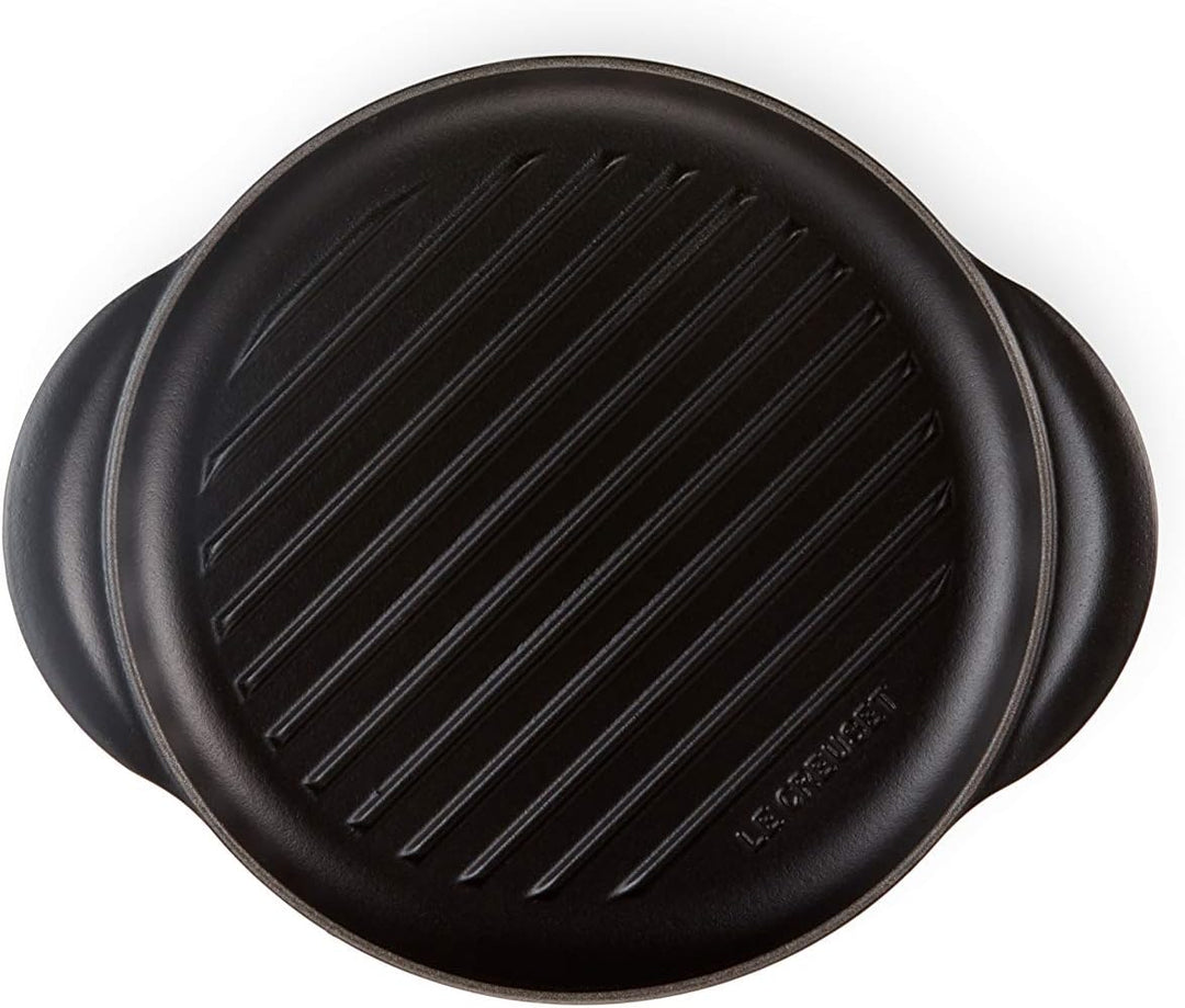 Le Creuset Runde Grillplatte aus Gusseisen mit Hilfsgriff, 25 cm, Schwarz matt, Schwarz Matt