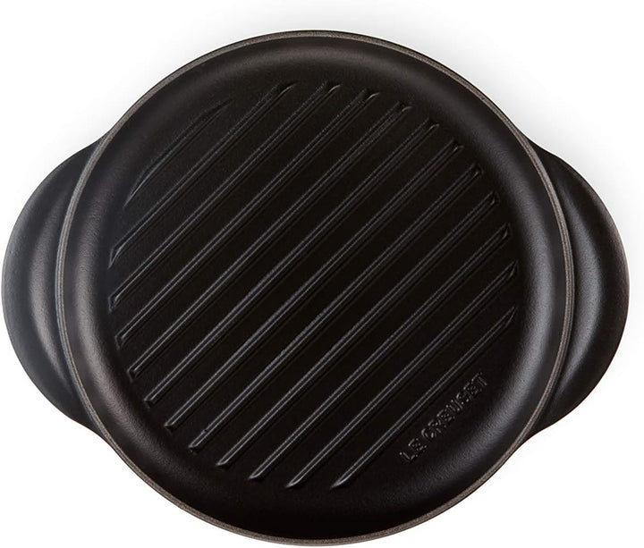 Le Creuset Runde Grillplatte aus Gusseisen mit Hilfsgriff, 25 cm, Schwarz matt, Schwarz Matt
