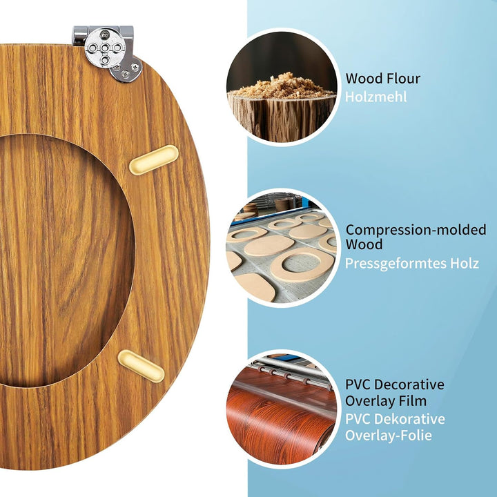 WC-Sitz mit Absenkautomatik, Toilettendeckel aus stabilem MDF-Holzkern, Verstellbare Scharniere aus