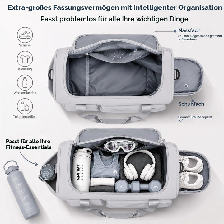 FIORETTO 30L Damen Sporttasche Faltbare Reisetasche mit Schuhfach und Nassfach, Wasserabweisende Wee