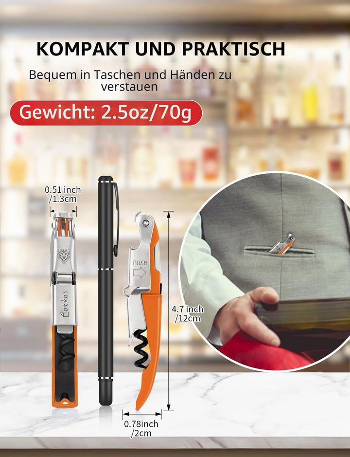 CORKAS Kellnermesser Profi Korkenzieher aus Edelstahl in Gastronomie Qualität mit Flaschenöffner &amp; F