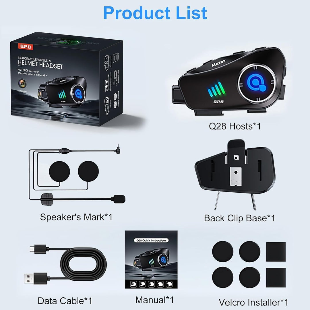 OBEST Helm-Headset mit Kamera, Bluetooth 5.3 Motorrad Headset, IP66 Wasserdicht, 1500 mAh Akku, 1080