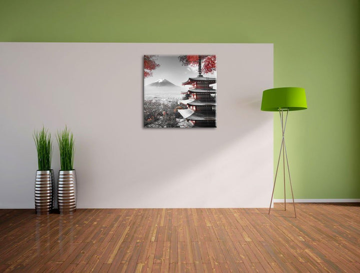 Pixxprint Japanischer Tempel im Herbst Schwarz/Weiss, Format: 70x70 auf Leinwand, 70x70