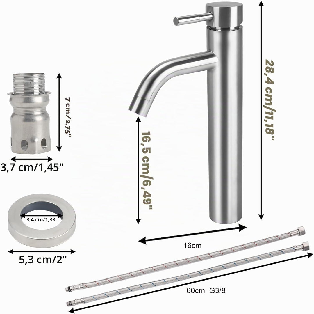 Wasserhahn Bad Edelstahl Waschtischarmatur mit Hoch Auslauf 165mm Silber, Silber