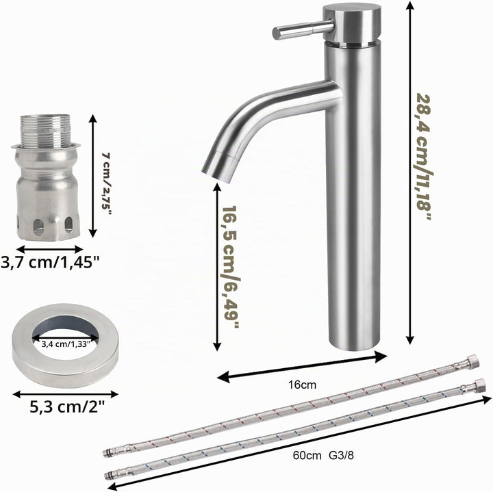 Wasserhahn Bad Edelstahl Waschtischarmatur mit Hoch Auslauf 165mm Silber, Silber