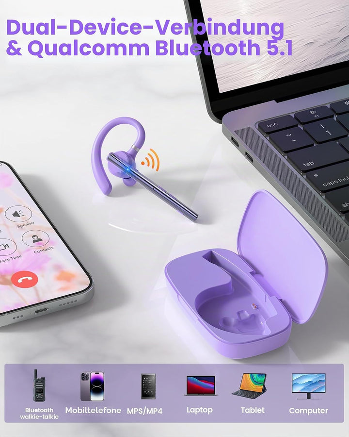 New Bee Bluetooth Headset mit 72h Spielzeit Bluetooth V5.1 Freisprech Headset Handy mit LED Ladecase