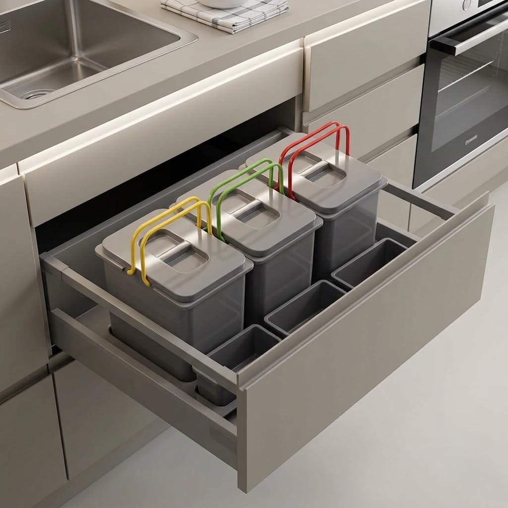 Mülltrennsystem Küche für 80 cm Schrank 3-fach 72,5x49x30 cm (3x 15L) mit Deckel Einbau Abfallsammle