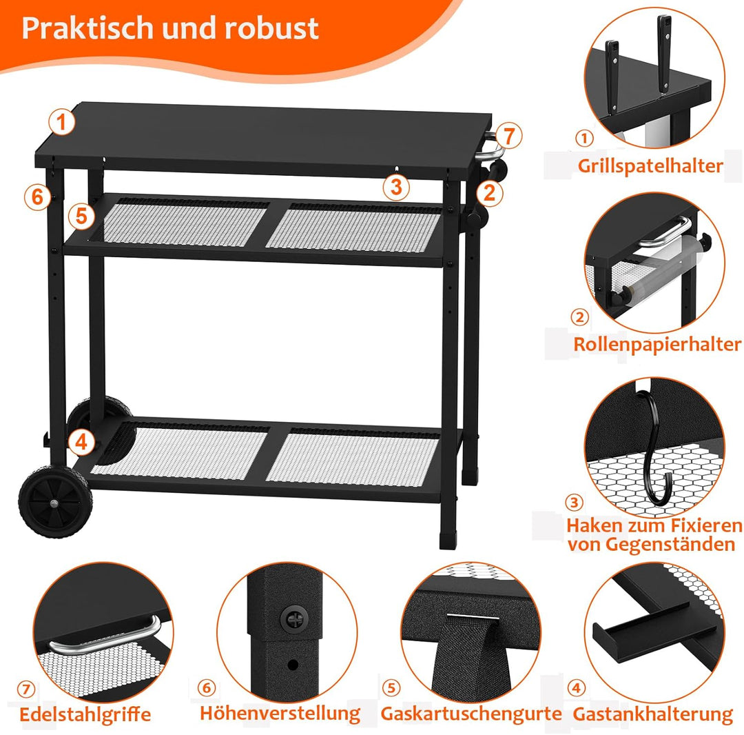 multifunktionaler Grillwagen, 3-Etagen Grill-Esswagen, Küchenwagen mit Papierhandtuchhalter und Hake