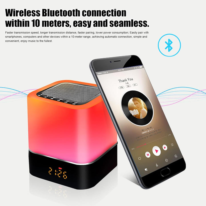 Bluetooth Lautsprecher Wecker: Bluetooth Lautsprecher mit Uhr, Wecker und LED Nachttischlampe, Touch